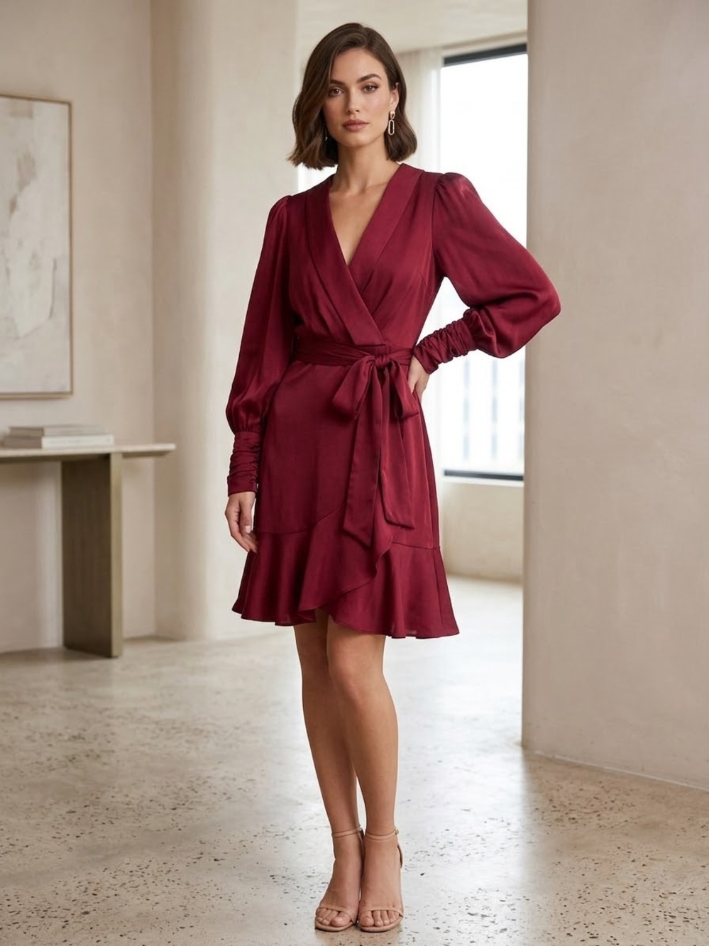 Blu Pepper Burgundy Wrap Ruffle Dress